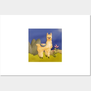 Cute llama in the dark desert night Posters and Art